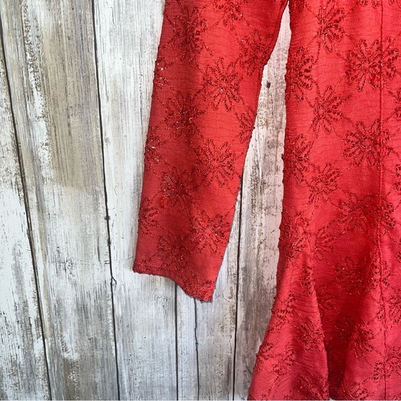 Free People Daisy Pointelle Peplum Top Persimmon | Size M | Square Neck Red Lace - Picture 3 of 6